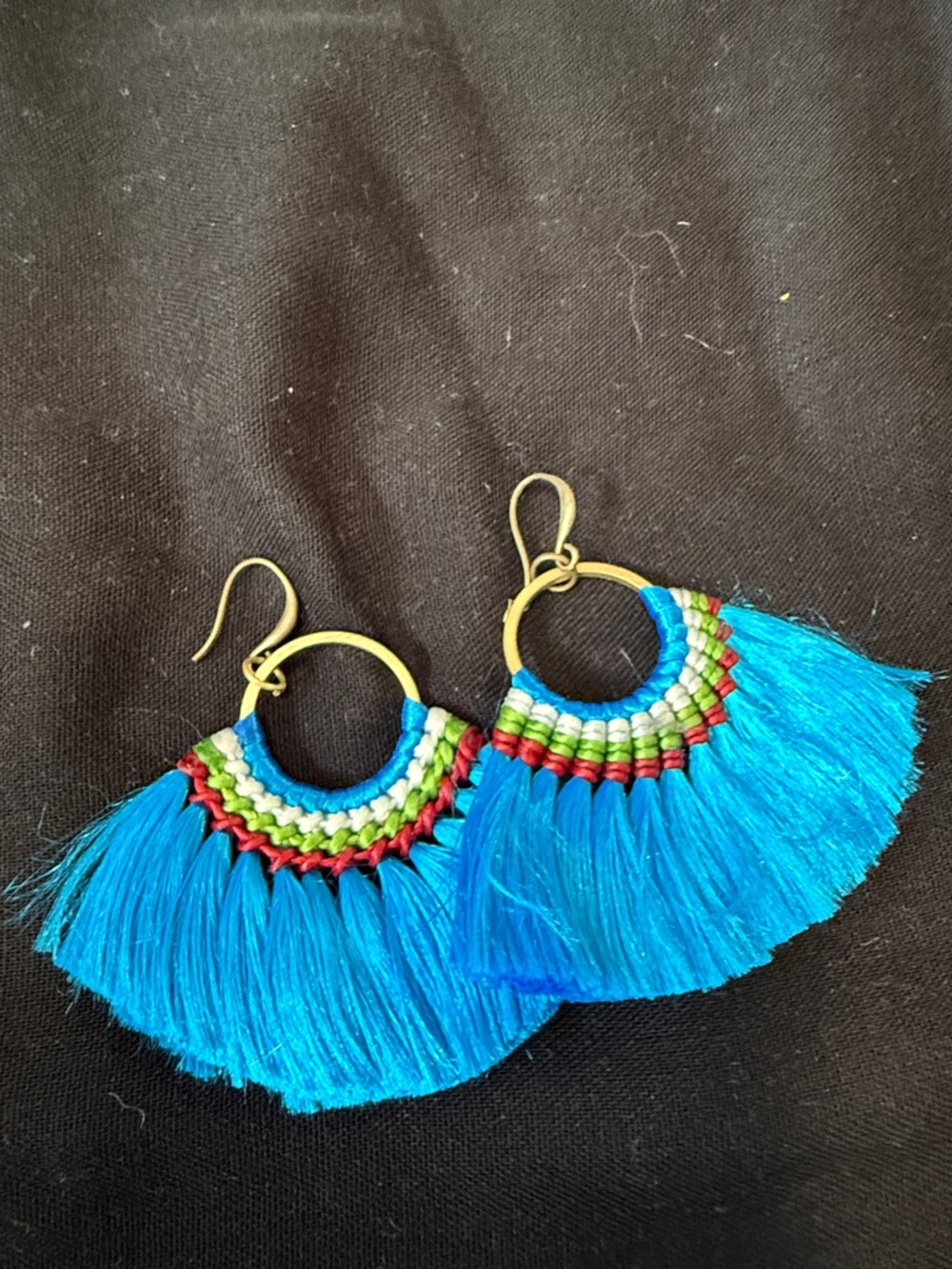 Blue Fringe Hoop Earrings with Multicolor Thread Accents